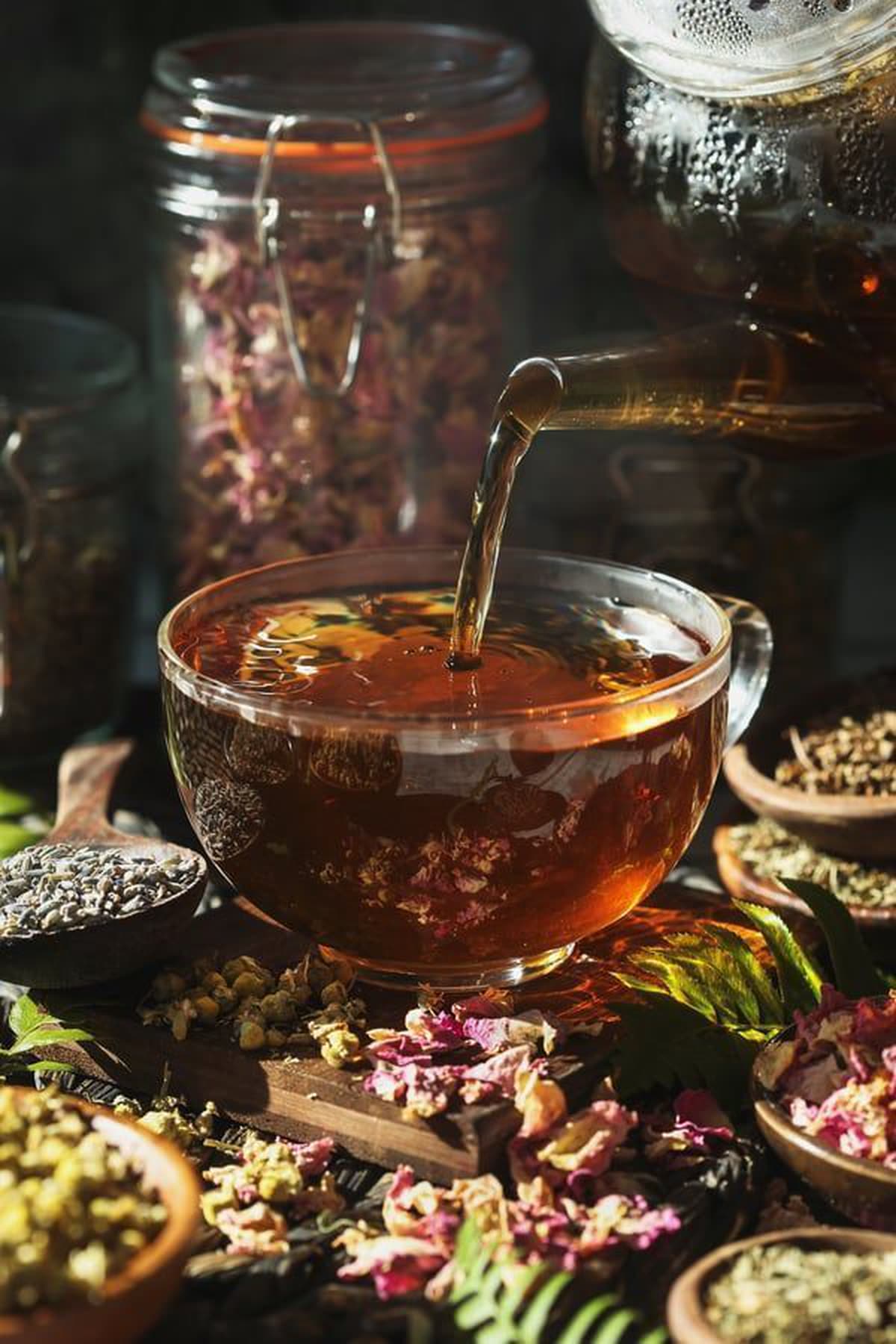 Herbal tea being poured into a glass cup, surrounded by dried flowers and petals