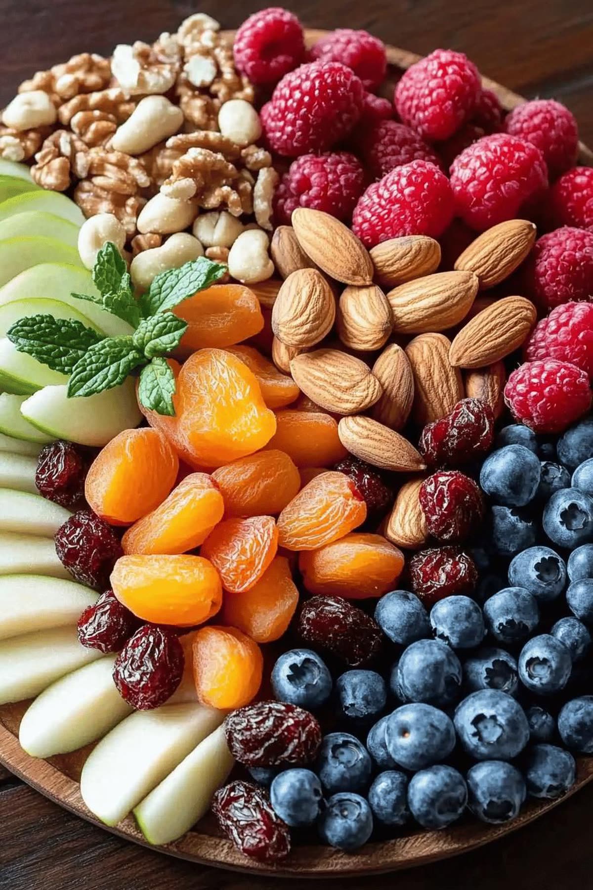 A platter of nuts, berries, apple slices and dried fruit