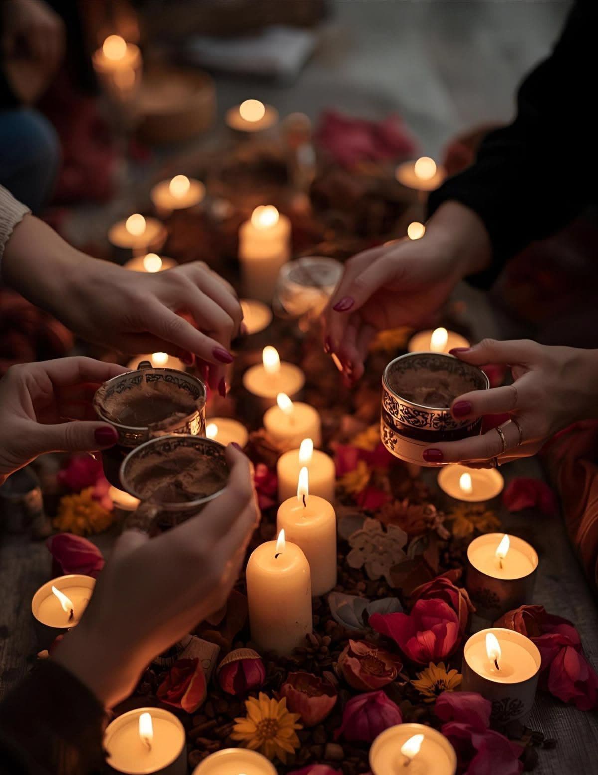 Hands holding cacao cups over a circle of lit candles and flowers